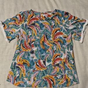 Chico's Tropical Banana Leaf Print Linen Top Size 2 L Chartreuse Green Boho